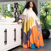 Long Sleeve Color Block  Print Maxi Dress