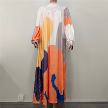 Long Sleeve Color Block  Print Maxi Dress