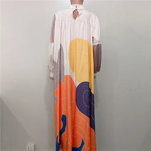 Long Sleeve Color Block  Print Maxi Dress