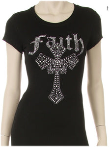 Women's Faith Rhinestone Clear Cross Shirt - LSM Boutique's Fashion N Fragrances