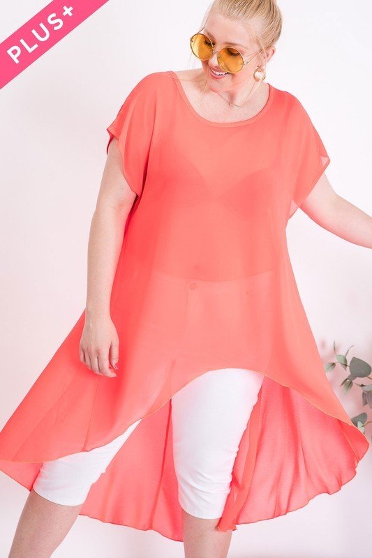 Plus size solid Fit n Flare short sleeve hi-lo Coral Tunic top 1x2x3x - LSM Boutique's Fashion N Fragrances