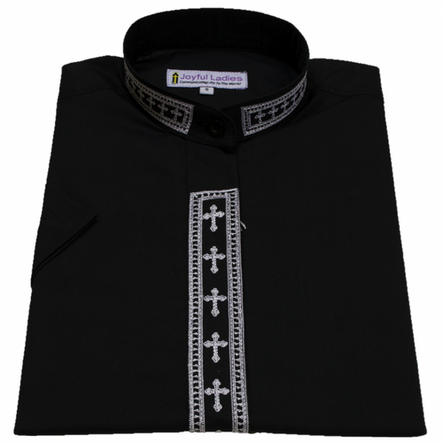 Women's Short-Sleeve Black Clergy Shirt With Embroidery - LSM Boutique's Fashion N Fragrances