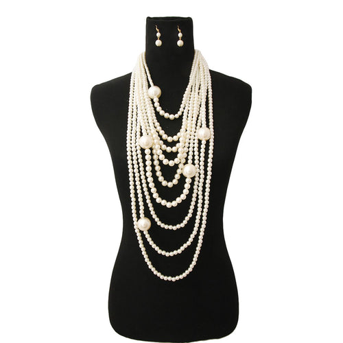 Long Layered Strand Cream Pearls Necklace Set 20
