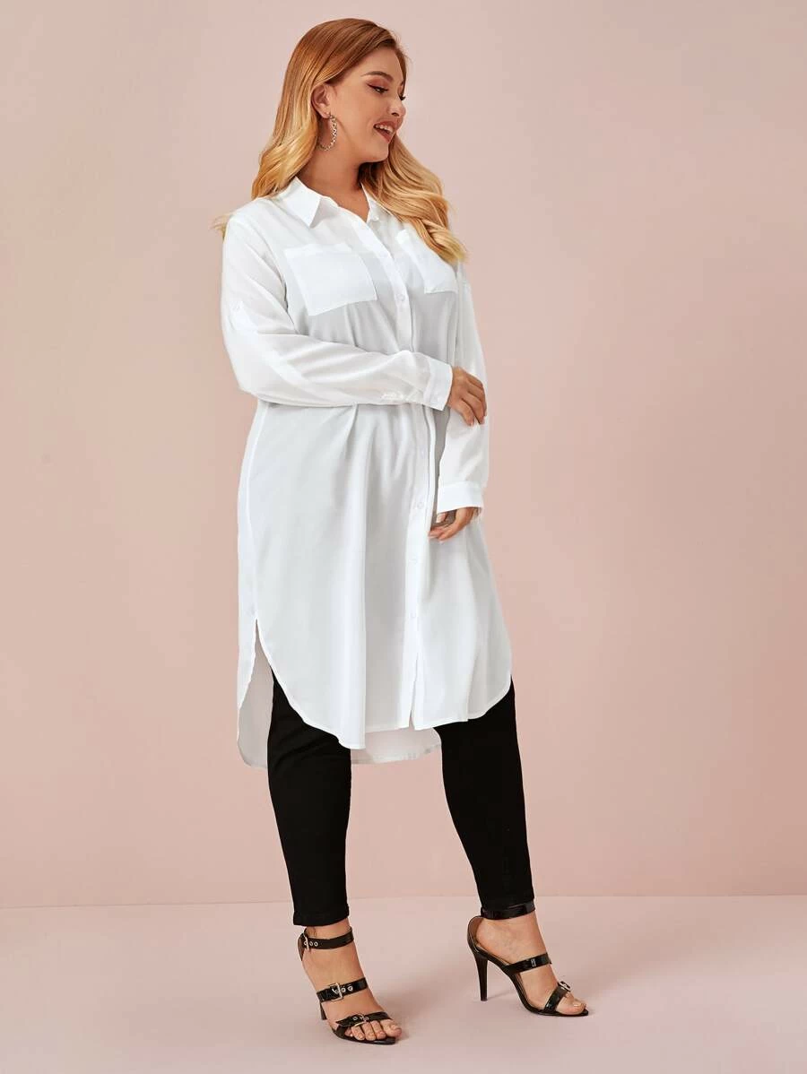 Plus Pocket Front Curved Long Blouse